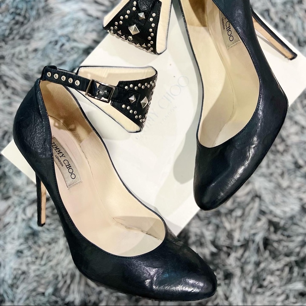 JIMMY CHOO 101CARTER BIKER LEATHER ANKLE STRAP PUMPS